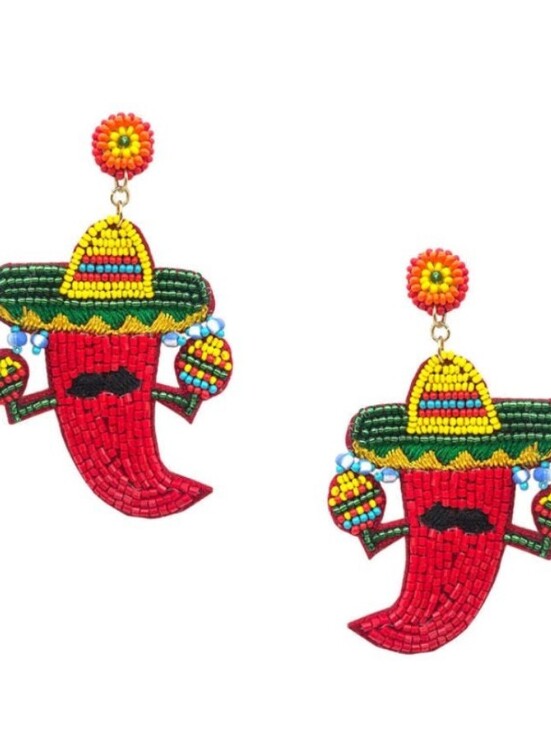 Jewelry - Beaded Chili Pepper Sombrero Earrings - Red, Green, Yellow